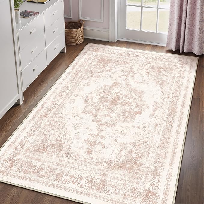 Area Rug 5x7 Washable Pink Rug Vintage Boho Medallion Large Distressed Retro Carpet for Living Room Non Slip Indoor Low Pile Small Soft Bedroom Dining Room Home Office