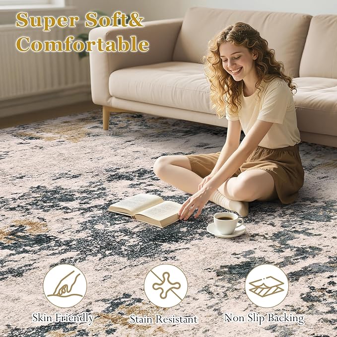 Area Rugs for Living Room: 10x12 Abstract Washable Rug Large Soft Stain Resistant Non-Slip Backing for Bedroom Dining Room Indoor Home Office Carpet for Kids Pet Friendly Families - Grey Gold