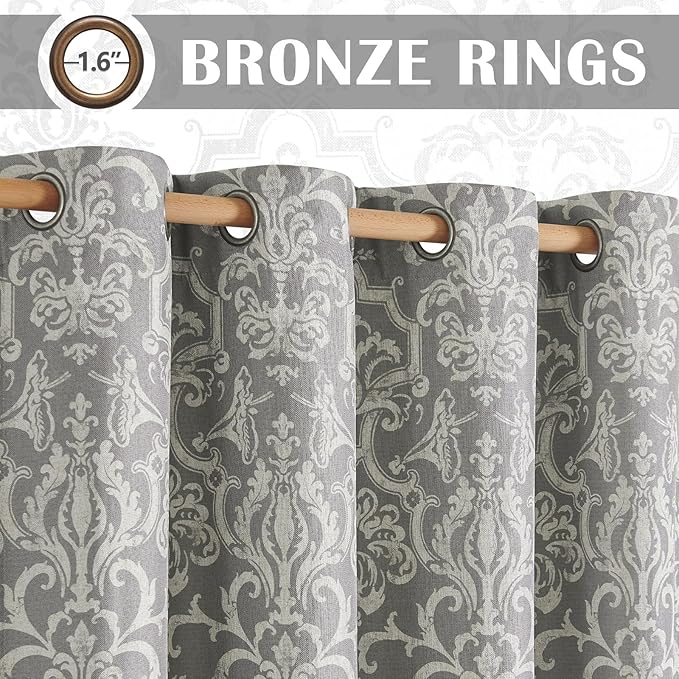 jinchan Room Darkening Curtains for Bedroom Grey Damask Patterned Curtains 96 Inch Length for Living Room Linen Textured Vintage 8FT Long Drapes Medallion Window Treatments Grommet Top 2 Panels Set