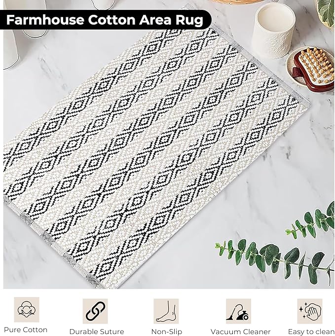 Bedding Craft Diamond Stripe Area Rug for Living Room 24x36 Inch - Beige/White/Black - Machine Washable 2x3 Feet Rugs - 60% Cotton 40% Mixed Fiber, Area Rug for Bedroom, Arearug for Bedroom