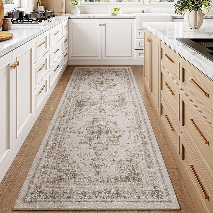 Runner Rug 3x8 Washable Taupe Hallway Runner Vintage Boho Medallion Non Slip Distressed Retro Carpet Indoor Low Pile Long Soft Rug for Kitchen Entryway Bedroom Bathroom Laundry