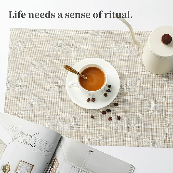 Leetaltree Wheat Placemats Set of 6 - Heat Resistant Non-Slip Place mats for Dining Table, Washable Durable PVC Vinyl Woven Table Mats(Wheat, 6)