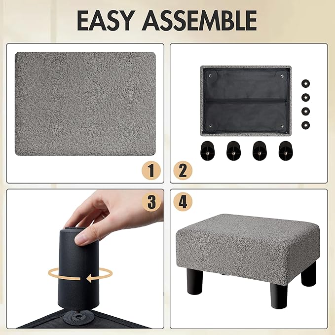BRIAN & DANY Small Foot Stool Ottoman, Footstool with Legs, Teddy Velvet Foot Rest for Living Room, Bedroom and Office, Grey