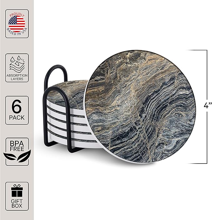 Emerson Coasters for Drinks Absorbent – Natural Stone Drink Coasters Set with Holder, Coasters for Coffee Table, Wooden Tabletop Protection Marble Style – 100% Heavy Duty Set of 6 (Lava)
