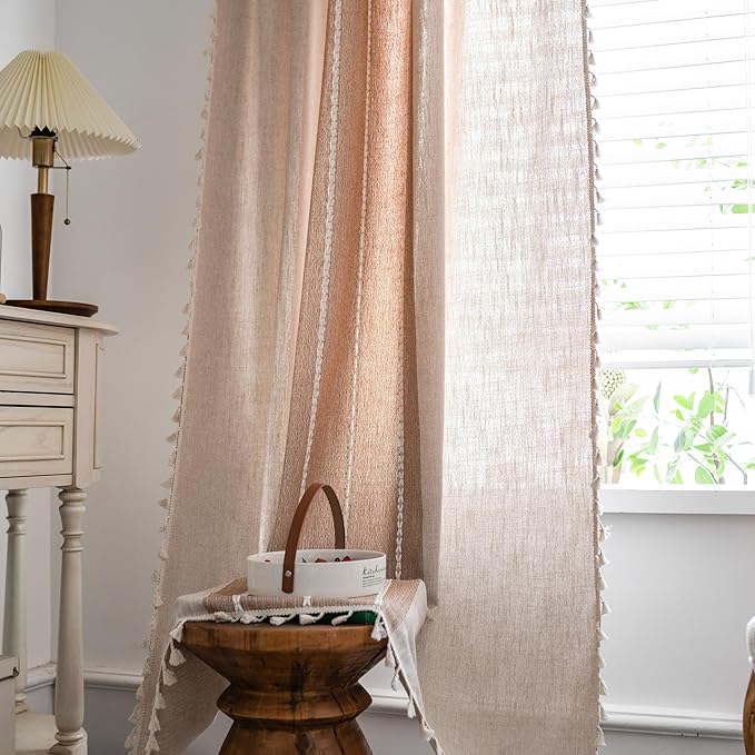 Sutuo Home Boho Curtains 72 inch for Kitchen Nursery Room, Semi Blackout Linen Farmhouse Tassels Window Treatment Vintage Bohemian Embroidery Drape, Rod Pocket 1 Panel 52" W x 72" L, Coffee Linen