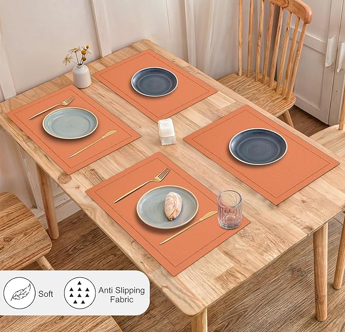 Ruvanti Linen Placemats Set of 6-13x19 Inch, Classic Hemstitch, Heat Resistant Machine Washable Place Mats, Soft & Elegant- Perfect for Christmas, Thanksgiving, Easter, Weddings, Dinner - Orange