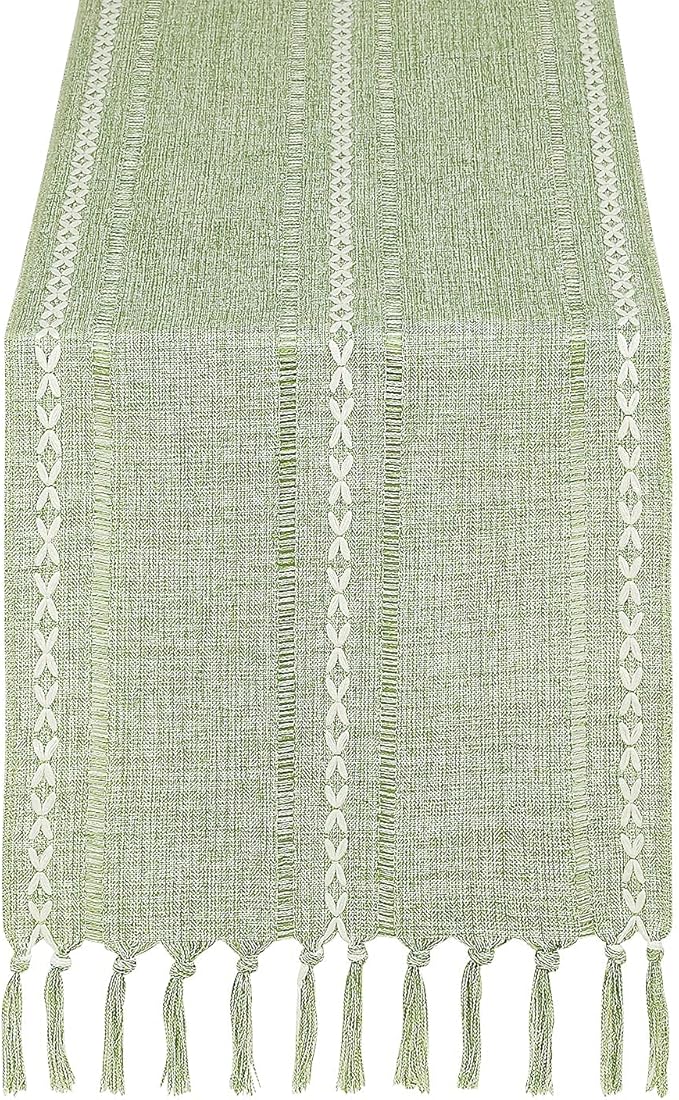 Chassic Rustic Farmhouse Style Linen Table Runner, Boho Handmade Tassel Embroidered Table Runners 72 Inches Long for Holiday Party, Christmas and Dining Decorations, 13 x 72 inch - Sage Green