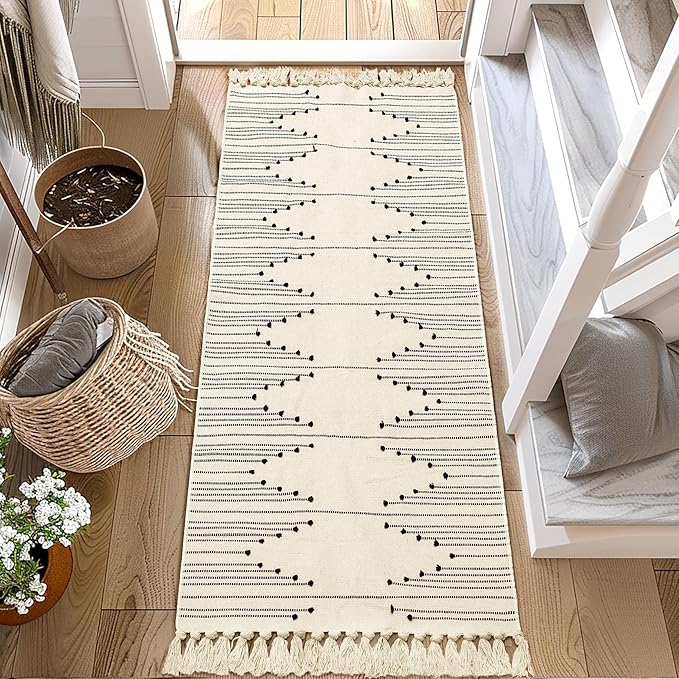 Tritard Boho Runner Rug 2x6 - Washable Area Rug for Hallway, Lightweight Farmhouse Aztec Cotton Rugs with Tassels Kitchen Bathroom Woven Low Pile Thin Carpet for Entryway, Bedroom, Beige Cream