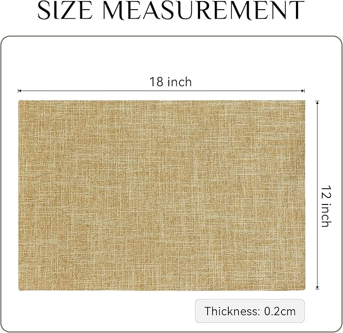 Softalker Faux Linen Placemats Set of 12-12 x 18 Inch, Heat Resistant Double Layered Durable Burlap Farmhouse Place Mats, Non-Slip Washable Rustic Table Mats for Dining, Kitchen, Party(Khaki