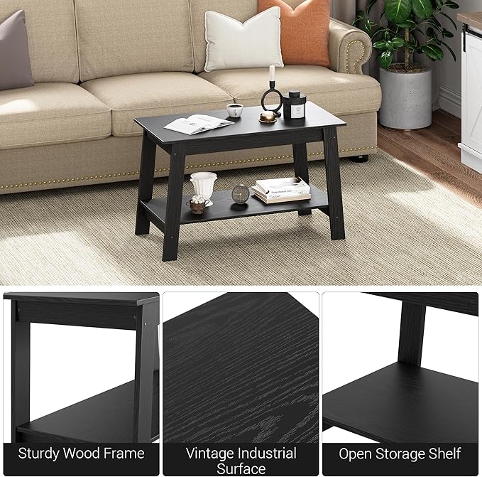 2-Tie Coffee Table, Rustic Wood Living Room Tables with Open Rectangular Storage Compartment, Coffee Tables for Living Room, Outdoors, Home Office, Bedroom, Black