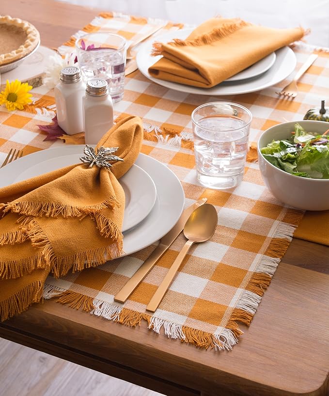 DII Heavyweight Fringed Check Tabletop Collection, Placemat Set, 13x19, Pumpkin Spice, 6 Piece