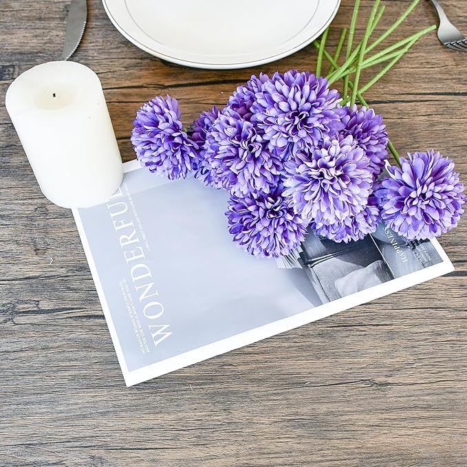 Mandy's Purple Artificial Ball Chrysanthemum 12 Stems Faux Flowers with Bendable Stems for DIY Wedding Centerpiece Fall Decor Home Arrangements