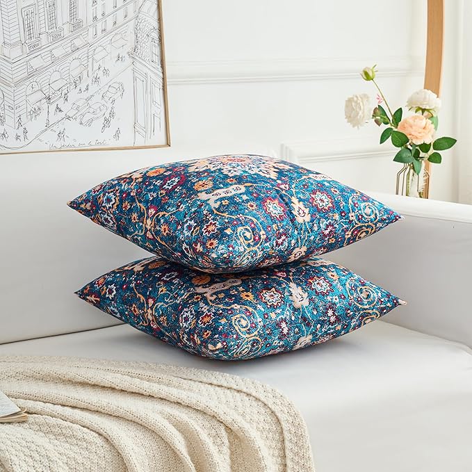 Boho Throw Pillow Covers 16x16 inch Set of 2,Boho Vintage Carpet Pattern Antique Ethnic Decor Double Sided Pattern Cushion Cover Soft Pillow Case Living Sofa Room Bed Square Pillow Cover