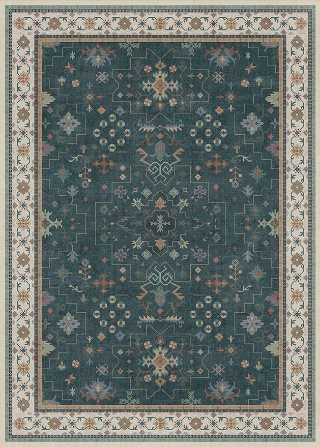 Dark Green Oushak Living Room Rug 10x14 - Modern Vintage Boho Eclectic Floral Pastel, Washable Low Pile Non-Slip Extra Large Area Rugs for Dining Under Table Bedroom Lounge
