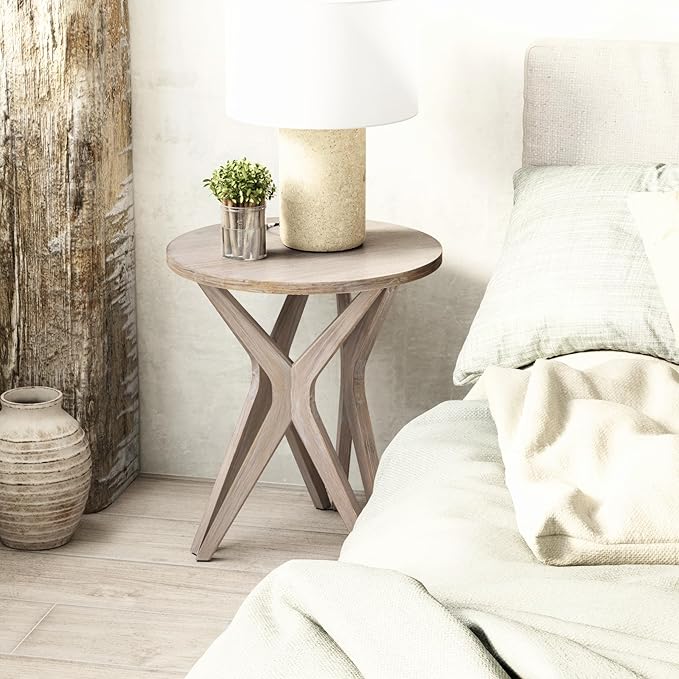 LONYKE Pedestal Farmhouse End Table, Distressed Top with Tripod Base Bedside Table for Living Room, Modern, Boho Decor, Round (1 Pack, Distressed Aah Grey)