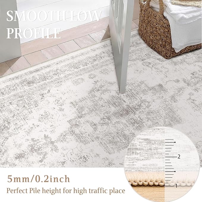 Runner Rug 3x7 Washable Light Gray Hallway Runner Vintage Boho Medallion Non Slip Grey Distressed Retro Carpet Indoor Low Pile Long Soft Rug for Kitchen Entryway Bedroom Bathroom Laundry