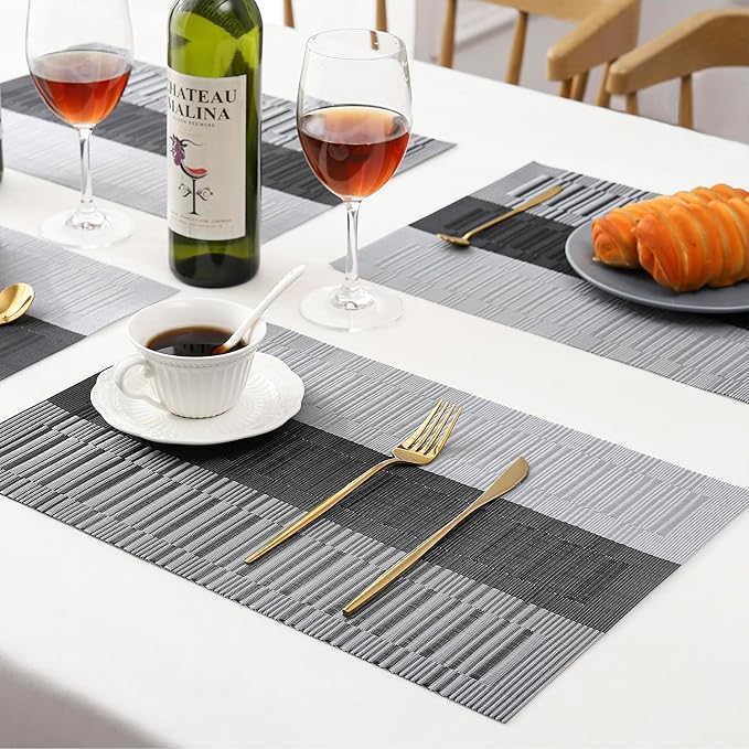 Leetaltree Grey with White Striped Placemats Set of 8 - Heat Resistant Non-Slip Place mats for Dining Table, Washable Durable PVC Vinyl Woven Table Mats(Grey Stripe, 8)