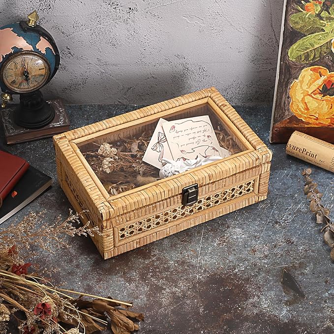 Hipiwe Rattan Display Box with Clear Lid Rectangular Wicker Storage Basket Bin with Metal Secure Latch Handwoven Natural Rattan Decorative Box Small Shelf Organizer Basket for Snacks Remotes