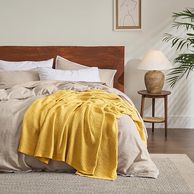 Bedsure 100% Cotton Blanket King Size for Bed - Breathable and Soft, Waffle Weave Blanket for Summer Spring, Mustard Yellow, 104x90 inches