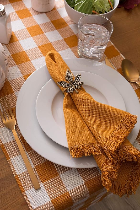 DII Heavyweight Fringed Check Tabletop Collection, Table Runner, 14x108, Pumpkin Spice