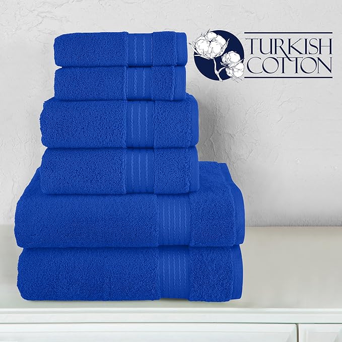 Elegant Comfort Premium Cotton 6-Piece Towel Set, Includes 2 Washcloths, 2 Hand Towels and 2 Bath Towels, 100% Turkish Cotton - Highly Absorbent and Super Soft Towels for Bathroom, Royal Blue