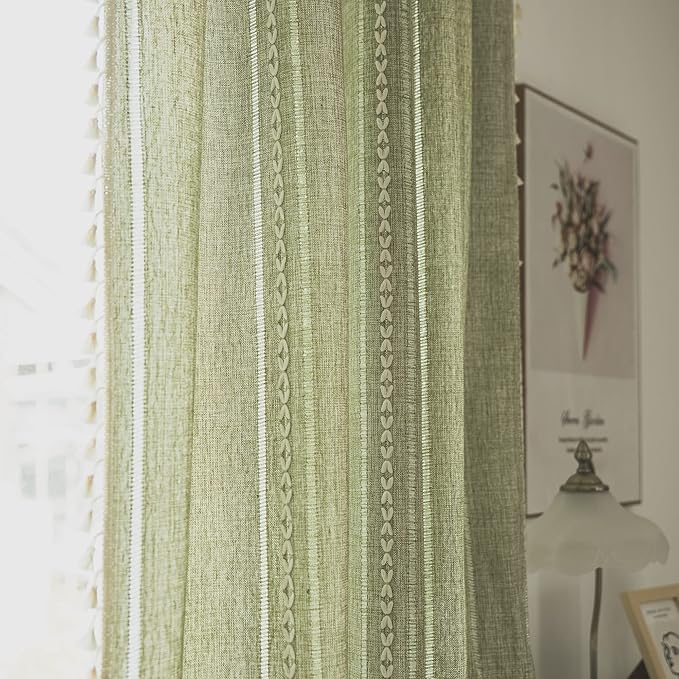 Sutuo Home Boho Curtain for Bedroom Living Room 96 Inches Long, Light Filtering French Country Farmhouse Vintage Chic Tassels Hollow Window Treatment Bohemian Drape, 1 Panel 52" W x 96" L, Green