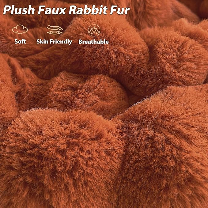LIFEREVO Faux Rabbit Fur Round Inflatable Pouf Ottoman, 20" X 16" Fluffy Waffle Bubble Floor Poufs Foot Rest for Living Room Bedroom, Furry Pouf Foot Stool Kids Girls Adults, Anti-Slip, Burnt Orange