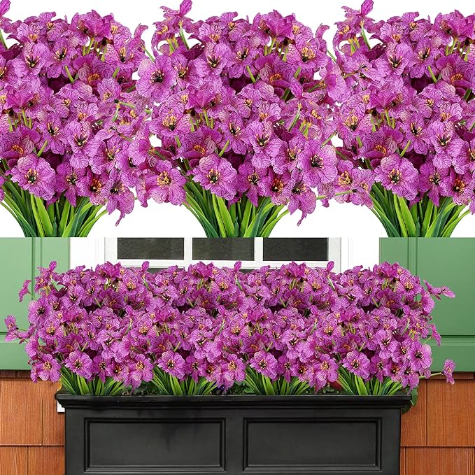 AmyHomie 20 Bundles Artificial Flowers for Outdoor Outside Spring Summer Decoration UV Resistant Faux Flowers No Fade Fake Plastic Plants Garden Porch Window Box Decorating (Purple)