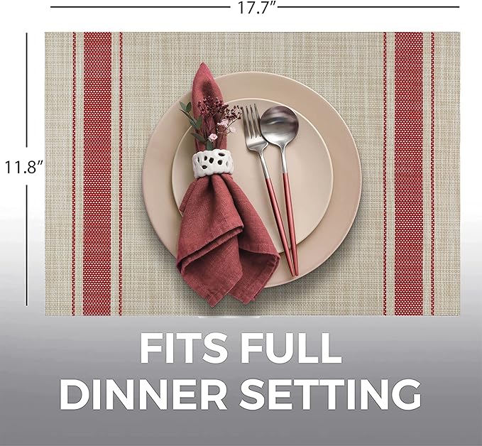 More Décor Dining Table Placemats, Washable Heat-Resistant PVC Vinyl Table Mats for Dining Room and Kitchen, Anti-Slip - Set of 6 - Vertical Striped Red - Grey