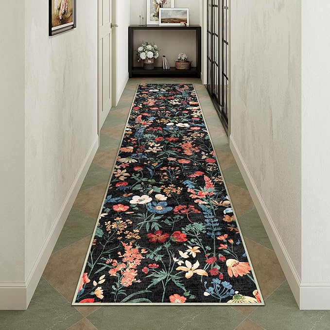 Floral Runner Rug 2x12 Washable Hallway Long Black Bedroom Carpet Non Slip Indoor Boho Kitchen Low Pile Accent Rug Lightweight Soft for Bathroom Dining Laundry Living Room