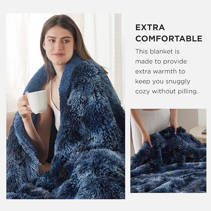 Bedsure Fluffy Tie Dye Navy Blue King Size Blanket for Bed, Thick Soft Sherpa Faux Fur Fleece Bedding Fuzzy Plush Winter Warm Heavy Oversize Large King Blanket, Cozy Blue Gifts for Men Women, 108x90