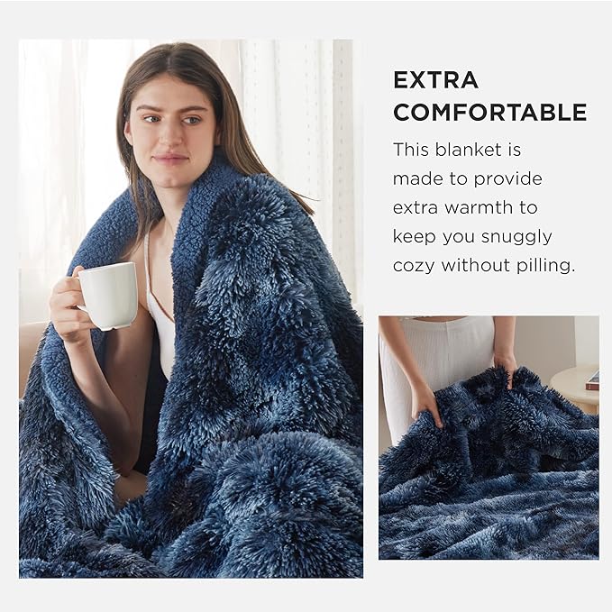 Bedsure Fuzzy Sherpa Faux Fur Twin Blanket Tie Dye Navy Cozy Gifts for Women Men, Soft Fleece Plush Warm Minky Thick Blanket Twin Size for Bed, Room Decor Dorm Essentials Blue Decor Gifts, 60x80
