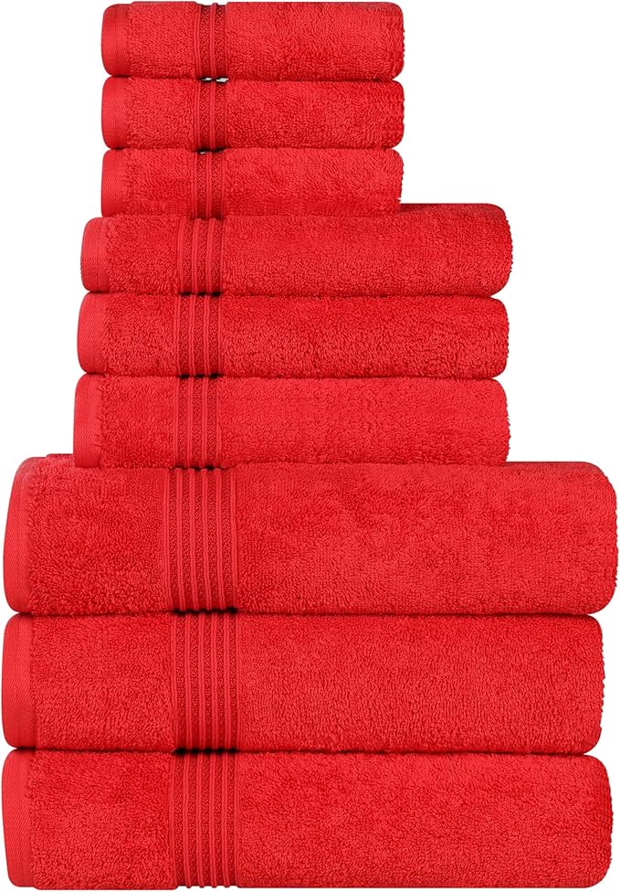 Superior Egyptian Cotton 9-Piece Towel Set, Assorted Towels for Home Bathroom, Master, Guest Bath, Decor Essentials, Includes 3 Bath, 3 Hand, 3 Face Towels/Washcloths, Quick Dry, Absorbent, Red