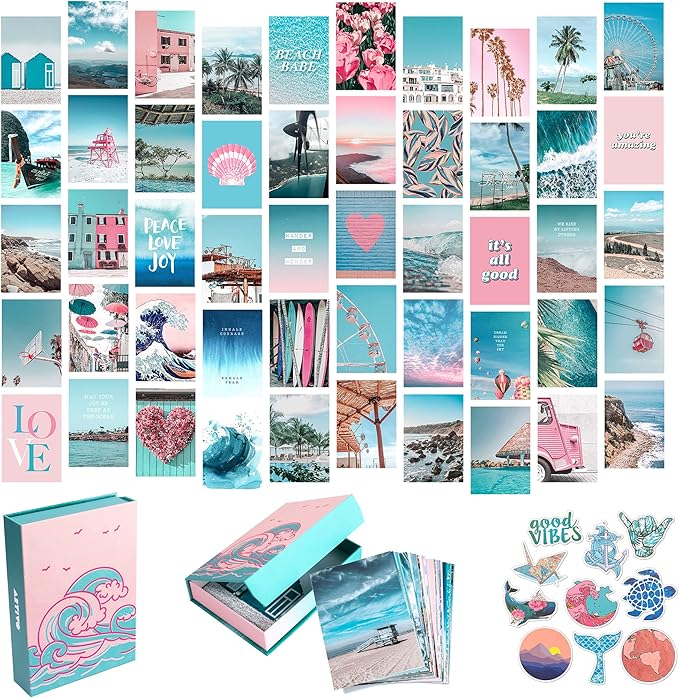 Artivo Blue Wall Collage Kit Aesthetic Pictures, 50 Set 4x6 inch, Pink VSCO Bedroom Decor for Teen Girls, Summer Beach Wall Art Print, Dorm Photo Collection, Small Posters for Room
