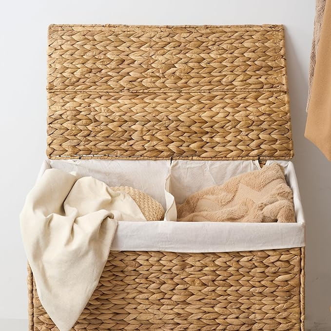 Woven Laundry Basket with Lid - Large Wicker Hamper with Lid for Clothes Storage - Round Rattan Laundry Hamper - Water Hyacinth Storage Basket with Lid (Natural Brown, 24x12.8x24 in)
