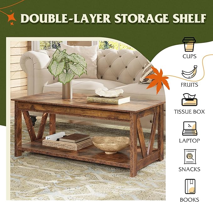 WLIVE Coffee Table, 43" Farmhouse Coffee Table with Storage Shelf & Sturdy V-Shaped Support, Wood Center Table for Living Room, Bedroom, Office and Balcony, Rustic Brown