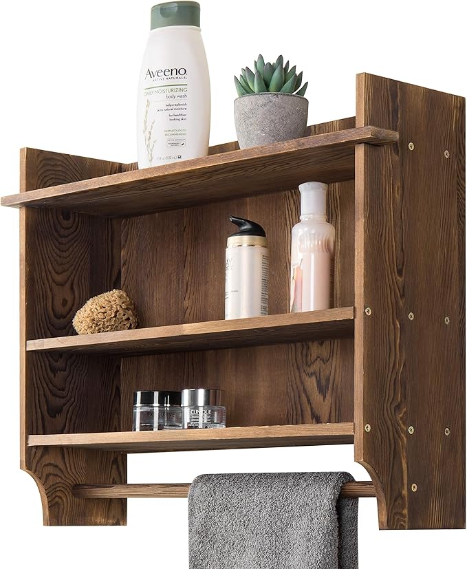 MyGift 3 Tier Wall Mounted Rustic Burnt Solid Wood Bathroom Storage Shelves, Wooden Floating Shelf Toilet Paper Holder Rack with 23 Inch Wide Towel Hanging Bar
