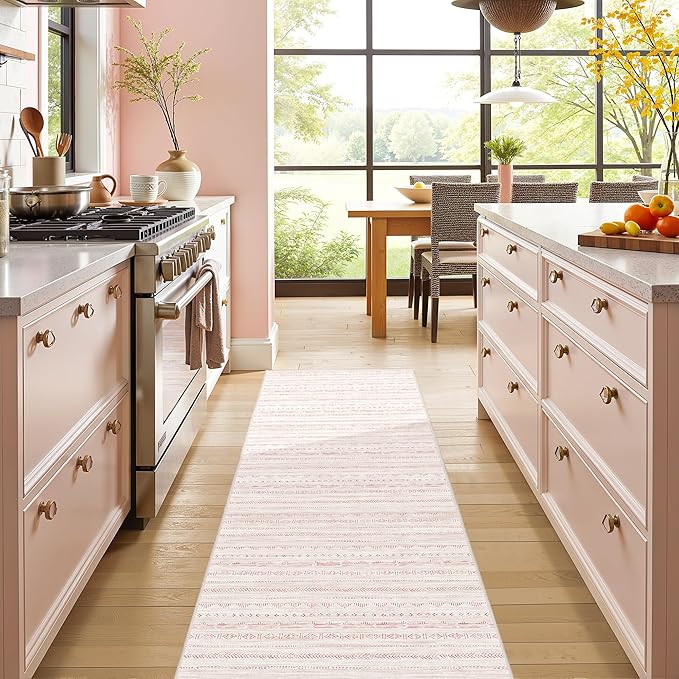 Pink 2'6''x8' Runner Rug for Entryway Indoor, Boho Kitchen Runner Rug Non Slip Washable Runner Rugs with Rubber Backing Soft Carpet Runner for Kitchen Laundry Bedroom