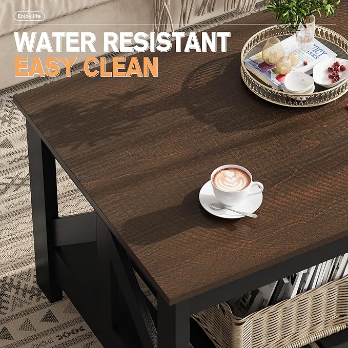 YESHOMY 39" Farmhouse Coffee Table, Coffee Tables for Living Room, Farmhouse Square Coffee Table with Storage, Couch Table, Small Tables for Small Spaces, Brown and Black