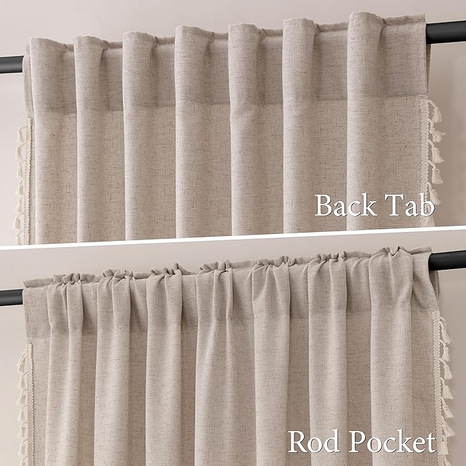 Oatmeal Beige Linen Textured Curtains 80 Inches Long 2 Panels Boho Farmhouse Semi Sheer Window Curtains Tassels Back Tab Neutral Light Filtering Chic Curtain Drapes for Living Room Bedroom 52x80
