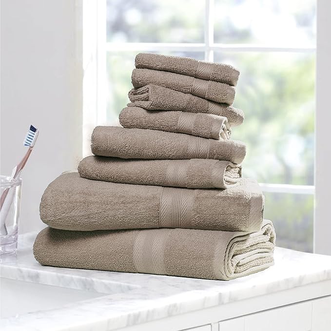 BOUTIQUO 8 Piece Towel Set 100% Ring Spun Cotton, 2 Bath Towels 27X54, 2 Hand Towels 16X28 and 4 Washcloths 13X13 - Ultra Soft Highly Absorbent Machine Washable Hotel Spa Quality - Tan