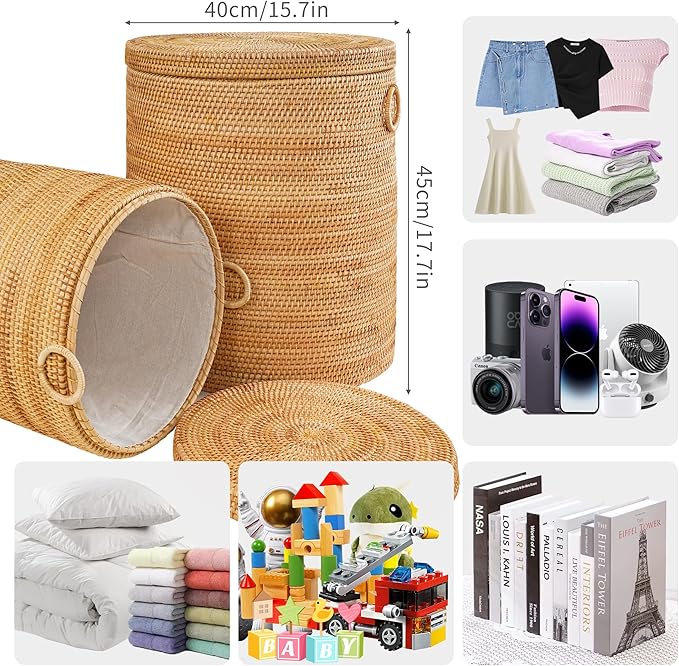 Rattan Laundry Hamper With Lid, Round Wicker Large Hampers For Laundry With Liner Bag and Handles for Organizing Clothes Kids Toys Books (15.7" L×15.7"W×17.3"H)