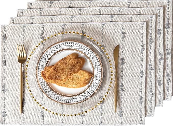 Boho Placemats Set of 4 for Dining Table Decor, Woven Cloth Place Mats for Farmhouse Rustic Kitche Home Decor, Cotton Placemats 13 x 19 Inch, Grey and Beige Table mats