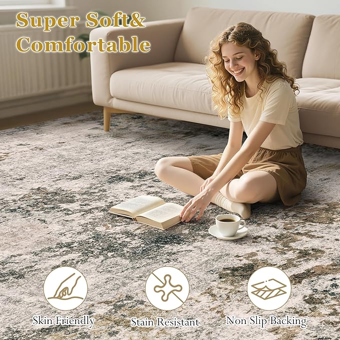 Area Rugs for Living Room: 6x9 Abstract Washable Rug Large Soft Stain Resistant Non-Slip Backing for Bedroom Dining Room Indoor Home Office Carpet for Kids Pet Friendly Families - Dark Brown