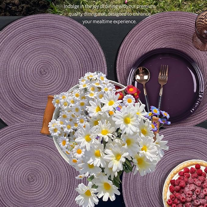FunWheat Round Braided Placemats Set of 8 Place mats for Dining Tables Woven Heat Resistant Table Mats 15 inch(Purple,8pcs)