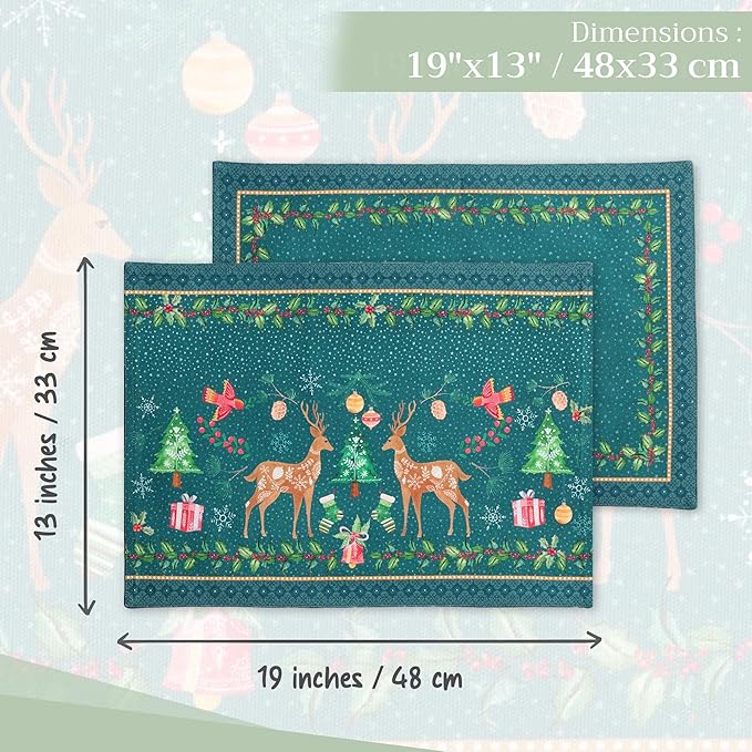 Maison d' Hermine Placemats Set of 4 100% Cotton Washable Cloth Place Mats, Reusable Table Mats for Kitchen Dining Decoration, Party, Wedding, Restaurant (Hygge Christmas, 13" x 19")