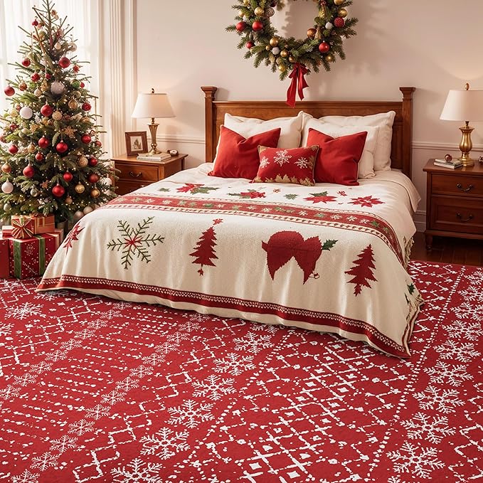 Christmas Area Rugs 8x10 for Living Room Red Snowflake Plaid Decorative Modern Rug Holiday Decor Geometric Non Slip Rug Washable Carpet for Bedroom Dining Room
