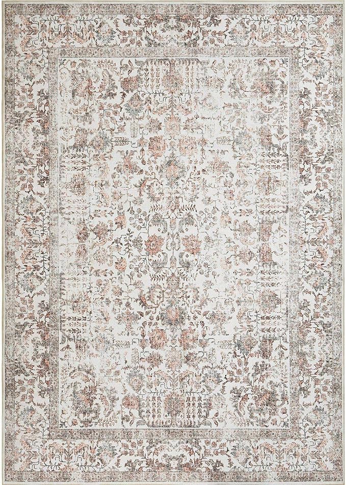 Red Area Rug 8x10 Machine Washable Large Vintage Living Room Distressed Non Slip Carpet Traditional Indoor Bedroom Retro Floral Accent Throw Rug for Office Kitchen Dining Room