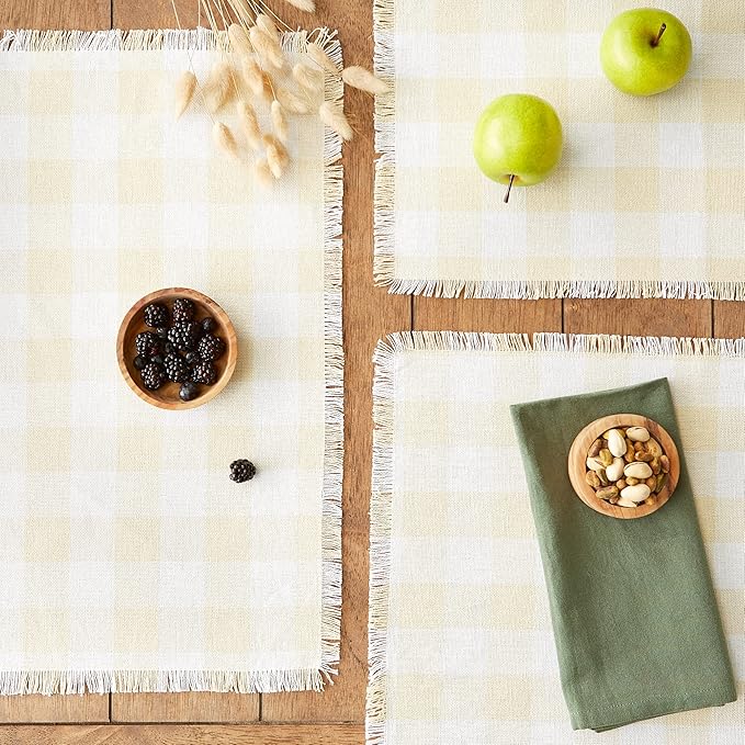 DII Heavyweight Fringed Check Tabletop Collection, Placemat Set, 13x19, Natural, 6 Count