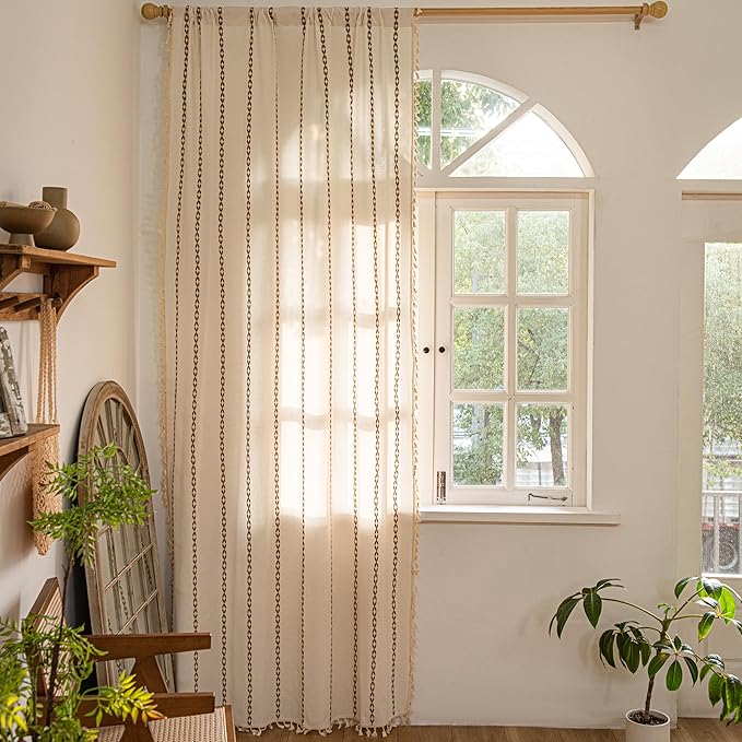 Sutuo Home Boho Curtains for Bedroom Living Room 96 Inches Long, Bohemian Drape Privacy Country Rustic Semi Blackout Farmhouse for House Decor Rod Pocket, 1 Panel W52 x L96 White and Coffee